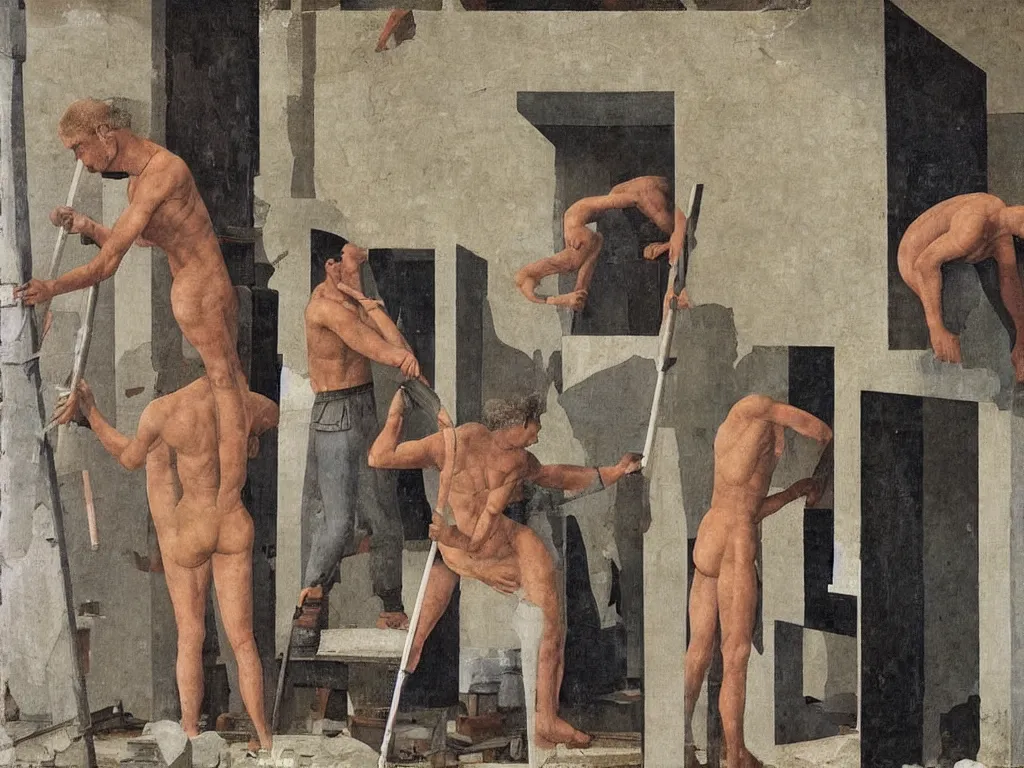 Prompt: Muscular workers renovating a house. Painting by Alex Colville, Piero della Francesca, Max Ernst.