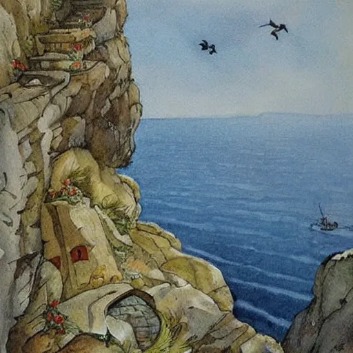 Prompt: Beautiful artwork chilling house in the edge of a cliff detailed painting by Anton pieck