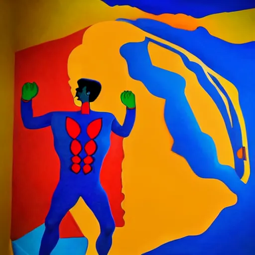 Image similar to ultra realistic portrait of captain planet in a studio, ultra detailed, under blue, red and yellow cinematic lighting, salvador dali, cartoon, monument valley, escher