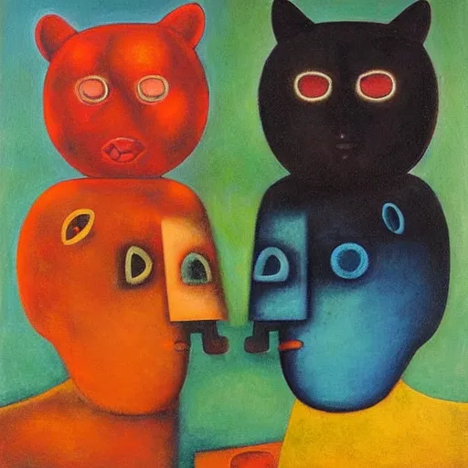 Image similar to Oil painting by Rufino Tamayo. Mechanical gods with animal faces kissing. Oil painting by Lisa Yuskavage.