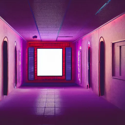 Prompt: abandoned movie theatre hallway, high contrast neon lighting, playstation 1 game, low poly graphics