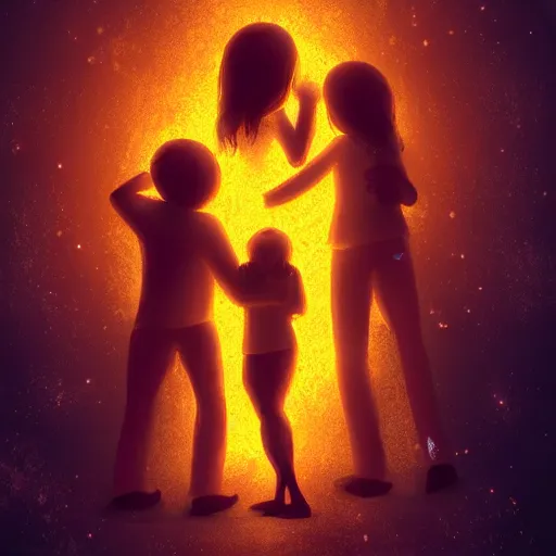 Image similar to A family hugging each other for the last time as the world is ending, meteors are falling from the sky, everything is on fire, dramatic lighting, digital art, very very very very very very beautiful, 8K, dark lighting, trending on Artstation, award winning