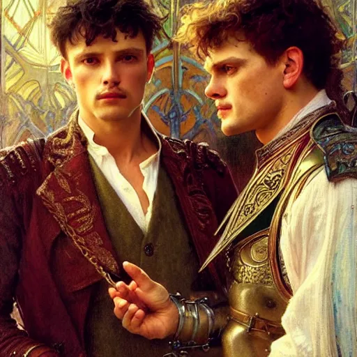 Prompt: manly arthur pendragon and manly merlin. focus on their faces. natural lighting. highly detailed painting by gaston bussiere, j. c. leyendecker, alphonse mucha, greg rutkowski, 8 k