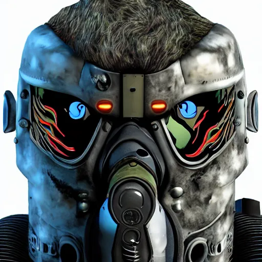 Image similar to a award winning action upper body portrait of nuke zombie with a mullet and breathing mask while wearing futuristic bodyarmor and pauldrons, outrun, vaporware, highly detailed, fine detail, intricate