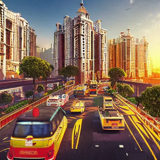 Image similar to mumbai in the future, architecture, urban, cinematic, super realisitc, city streets, golden hour, distopian fantasy artwork made in 2 0 2 0