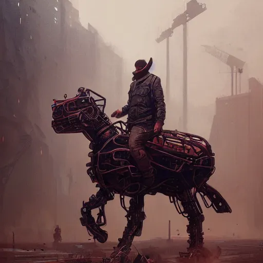 Image similar to photo of VAZ2105 mechanical horse as a loading screen, intricate, dystopian, sci-fi, extremely detailed, digital painting, artstation, concept art, smooth, sharp focus, illustration, intimidating lighting, incredible art by artgerm and greg rutkowski and alphonse mucha and simon stalenhag