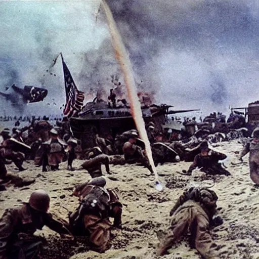 Prompt: ww 2 realistic photo in color beach landing, blood everywhere, explosions