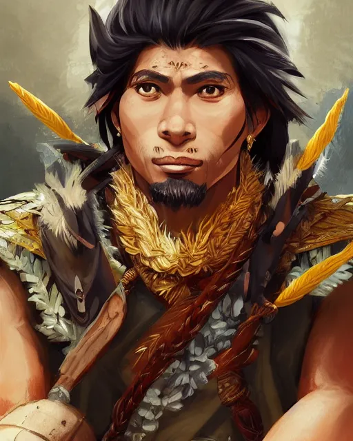 Image similar to an anime portrait of lapu - lapu as a beautiful man wearing filipino traditional clothing from skyrim, by stanley artgerm lau, wlop, rossdraws, james jean, andrei riabovitchev, marc simonetti, and sakimichan, trending on artstation