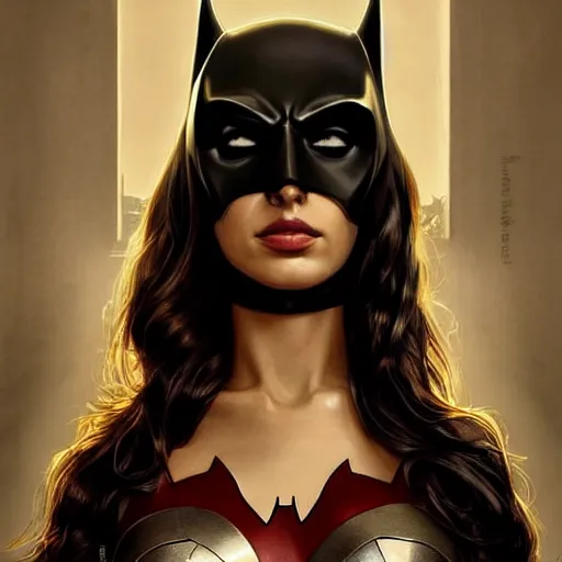 Prompt: portrait of Gal Gadot as Batwoman, looking at camera, D&D, intricate, elegant, serious expression, fantasy, extremely detailed, digital painting, artstation, concept art, smooth, sharp focus, illustration, stunning lighting, art by artgerm and greg rutkowski and alphonse mucha and simon stalenhag.