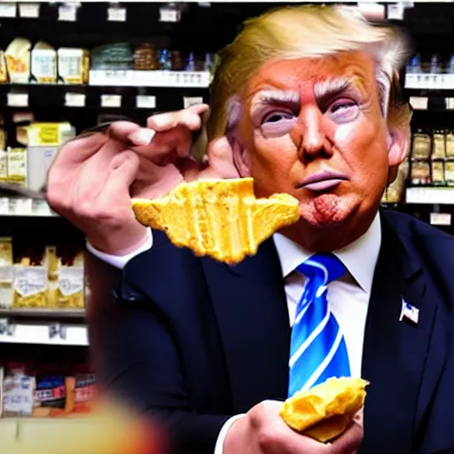 Prompt: donald trump eating peanut butter with his hands at the grocery store, cctv footage