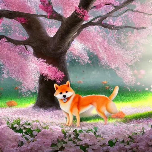 Image similar to hyper realistic cute fluffy shiba inu plays under the cherry blossom tree, highly detailed, digital painting, artstation, concept art, movie still, smooth, sharp focus uhd 8 k