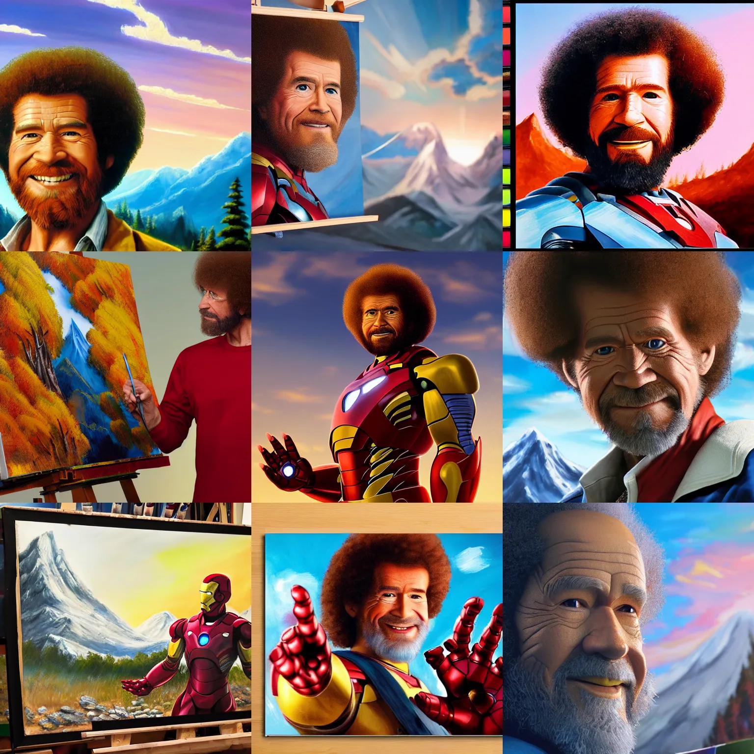 Prompt: a closeup photorealistic photograph of bob ross in his studio, creating a canvas painting of iron man. mountain scape. film still, vibrant colors. this 4 k hd image is trending on artstation, featured on behance, well - rendered, extra crisp, features intricate detail, epic composition and the style of unreal engine.