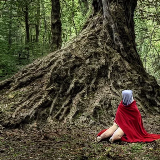 Image similar to lizard human nomad resting against a tree wearing a medieval cloak, photograph captured in the woods