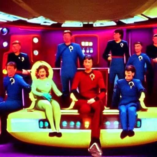 Image similar to the band queen sitting on the bridge of the enterprise in star trek, film still, 1 9 6 0 s, very colorful