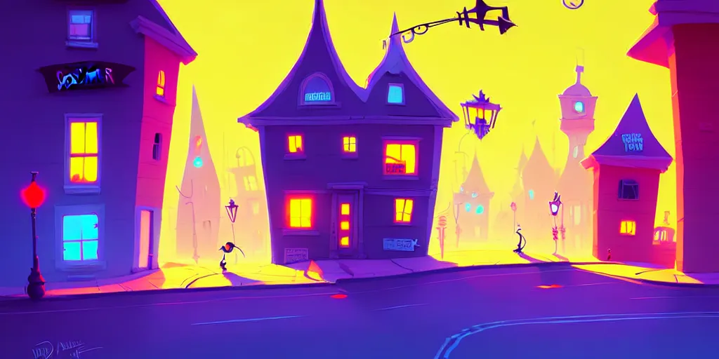 Image similar to curved perspective digital art of a summer small town street from nightmare before christmas by anton fadeev