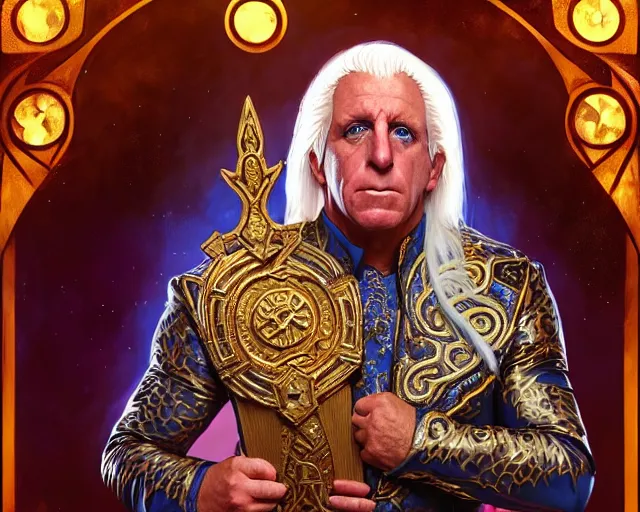 Image similar to photography of ric flair as a king, deep focus, d & d, fantasy, intricate, elegant, highly detailed, digital painting, artstation, concept art, matte, sharp focus, illustration, hearthstone, art by artgerm and greg rutkowski and alphonse mucha