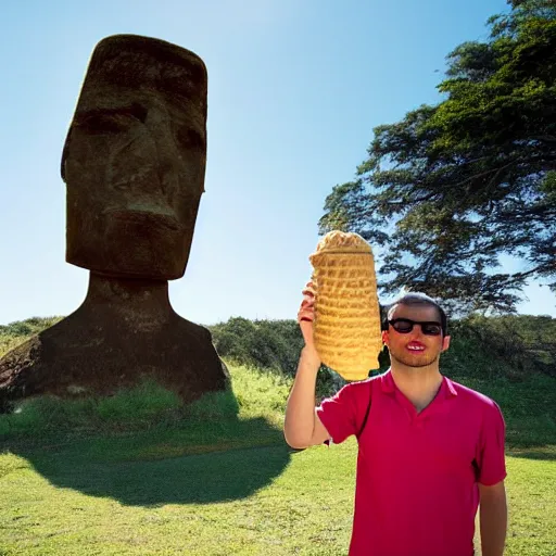 Image similar to a man holding an ice cream cone with a moai 🗿 in it, 4 k photograph