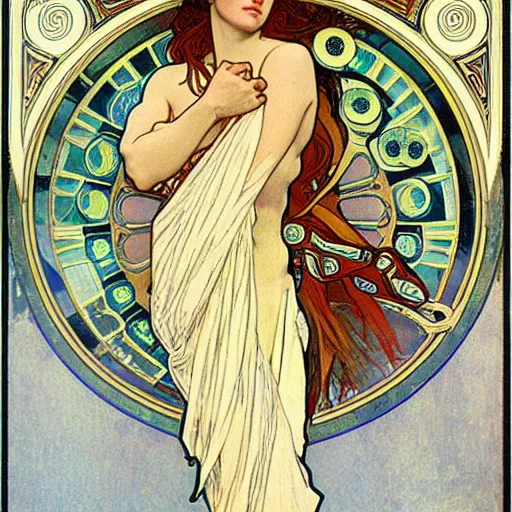 Image similar to echo, greek mythology, painted by alphonse mucha