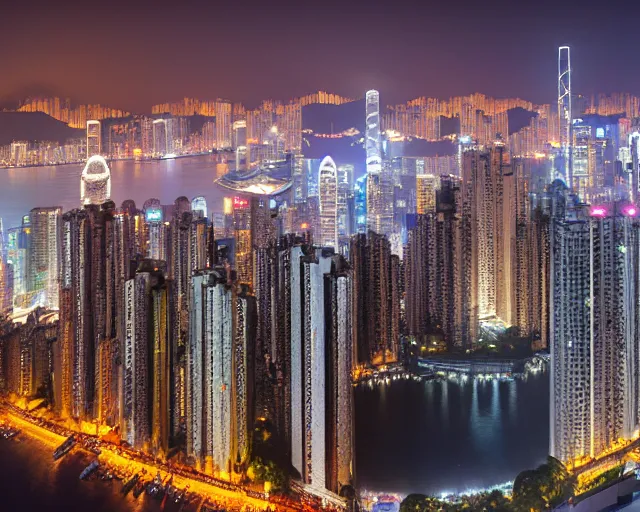 Prompt: 4 k hd, high resolution photograph of hong kong at night, shot with sigma f / 4. 2, 2 5 0 mm sharp lens, wide shot, high level texture render