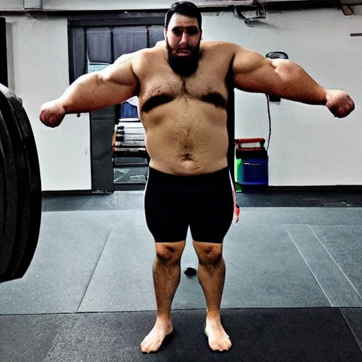 Image similar to the bloat lord kyriakos gym powerlifter fatman greek