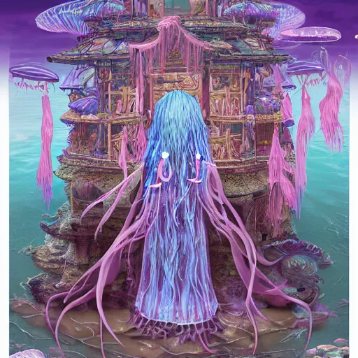 Image similar to A painting of priestesses worshipping at the jellyfish temple, shrouded in mist, jellyfish god, jellyfish priestess, jellyfish shrine maiden, 8K, illustration, art by BambooWu, smoke, undersea temple with fish, cinematic, insanely detailed and intricate, hypermaximalist, elegant, super detailed, award-winning, magenta and crimson and cyan, rainbow accents, iridescence, bioluminescence, mysterious, ancient, ritual, trending in cgsociety, artstation HQ, ornate, elite, haunting, matte painting, beautiful detailed, insanely intricate details, dreamy and ethereal, otherworldly