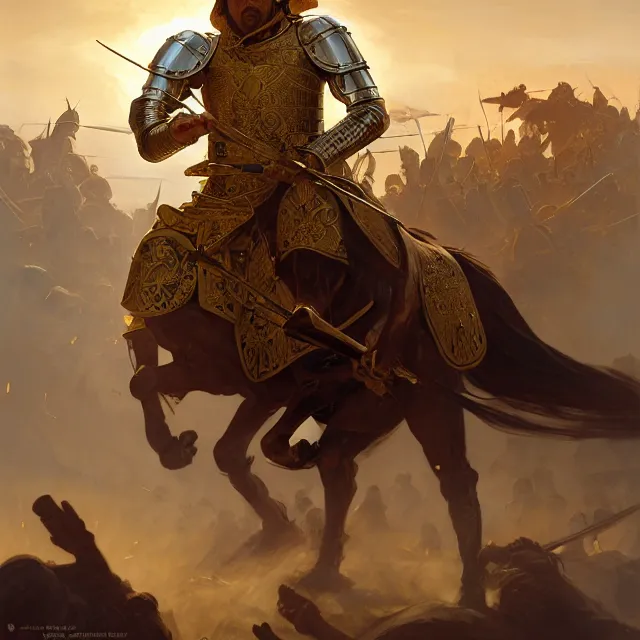 Image similar to battle of kings, medieval war, fire and dust and golden armor, action, dramatic lighting, intricate, wild, highly detailed, digital painting, artstation, concept art, smooth, sharp focus, illustration, art by artgerm and greg rutkowski and alphonse mucha