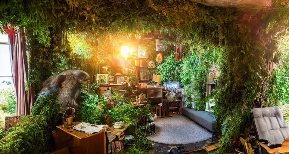 Prompt: a cozy mancave with an overgrown entrance, studio Ghibli style, golden hour