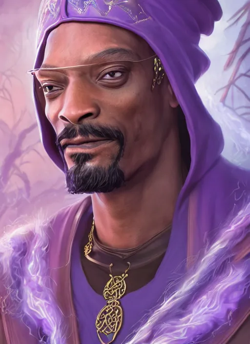 Image similar to snoop dogg as a mage, short beard, grumpy, intricate purple robes, Ivan Aivakovsky, Boris Vallejo, epic fantasy character art, D&D Concept Art, full length, ultra Realistic, Regal, Refined, Detailed Digital Art, Exquisite detail, post-processing, masterpiece, Cinematic Lighting, Unreal Engine, 8k, HD