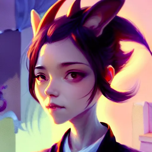 Image similar to character design portrait of a beatiful anthropomorphic furry dragon girl with dragon ears, wearing a suits, looking at the camera, 4 k, concept art, by wlop, wenjun lin, watercolor, ilya kuvshinov, artgerm, krenz cushart, pixiv.