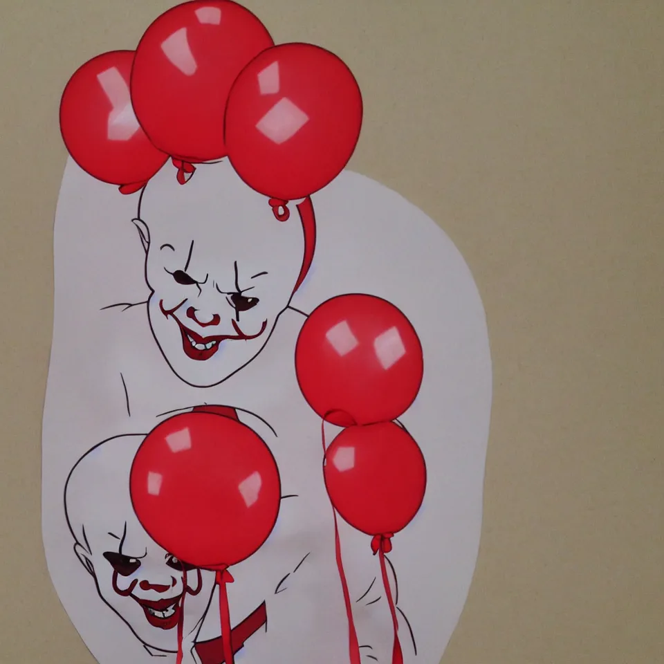 Image similar to pennywise the clown in a red balloon, paper cutout