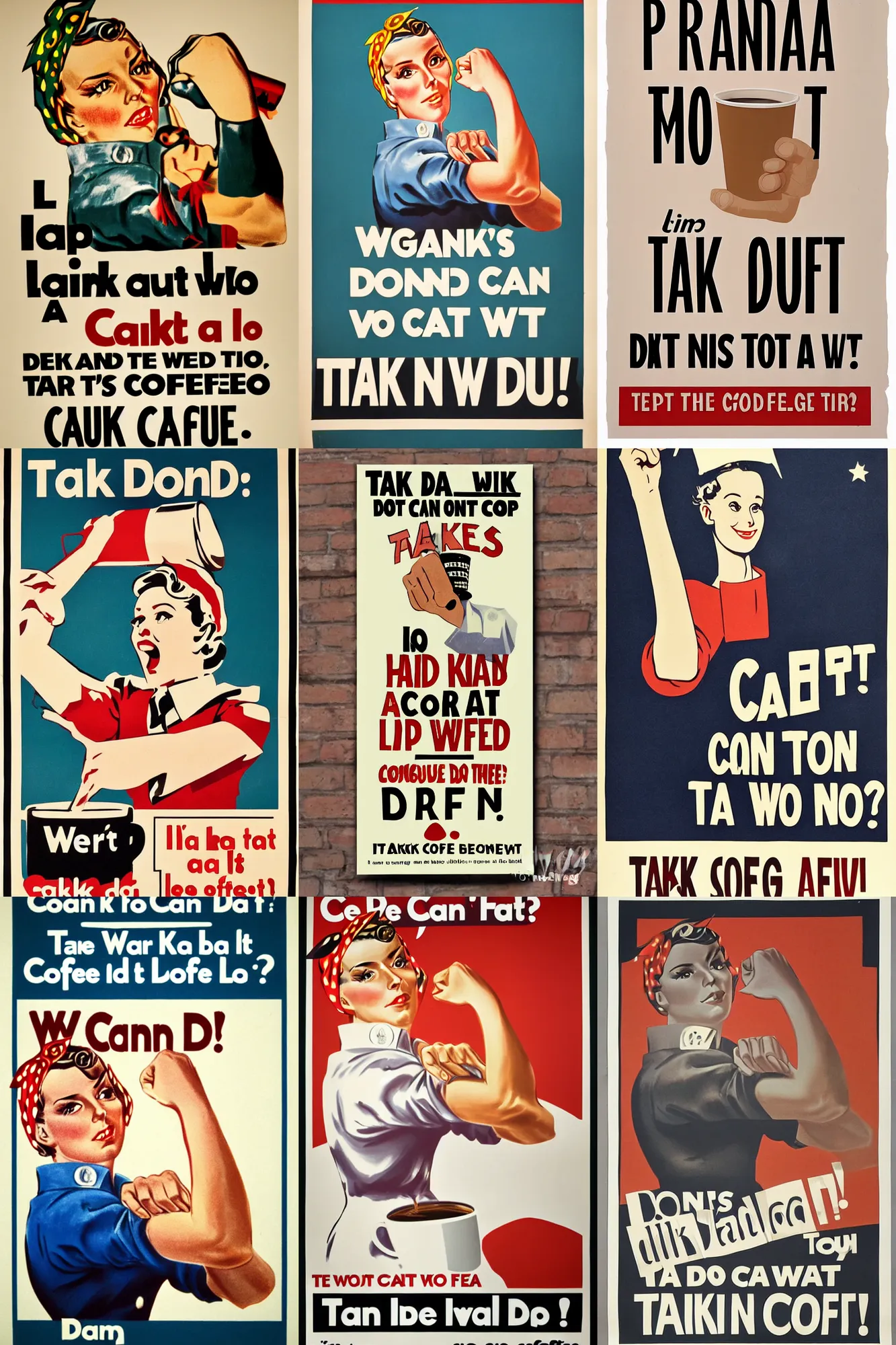 Prompt: propaganda poster, we can do it, drinking take away coffee, tipping coffee