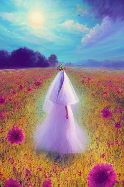 Image similar to giant white flower crown as head, veil girl walking in a flower field, surreal photography, sunrise, dramatic light, impressionist painting, colorful clouds, digital painting, artstation, simon stalenhag