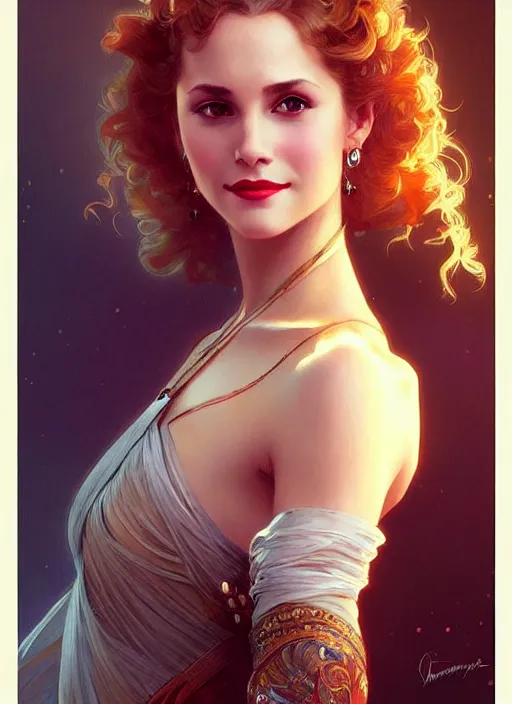 Prompt: “ a beautiful young beau garrett as femme fatale smiling and winking, intricate, elegant, highly detailed, digital painting, artstation, concept art, smooth, sharp focus uhd 8 k, art by artgerm and greg rutkowski and alphonse mucha ”