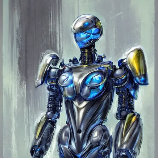 Image similar to a simple concept art portrait of an amazingly designed robot with sleek modern armor. an award winning yoshitaka amano digital art poster color painting. a masterpiece by james gurney. poster colour on canvas.