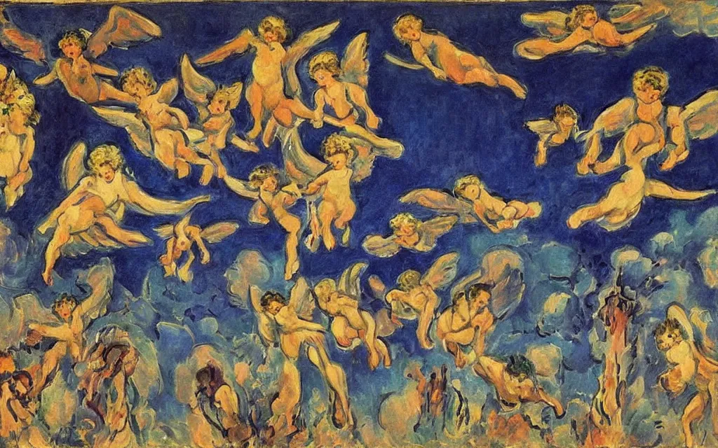 Prompt: vision of angels - a painting of an angel flying in the sky, with a group of angels flying behind it by henri matisse and viktor vasnetsov, style of golden dawn occult