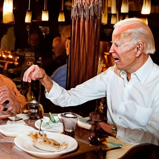 Image similar to donald Trump and joe Biden having dinner at a fancy Balinese restaurant, award winning photography, 85mm, perfect faces