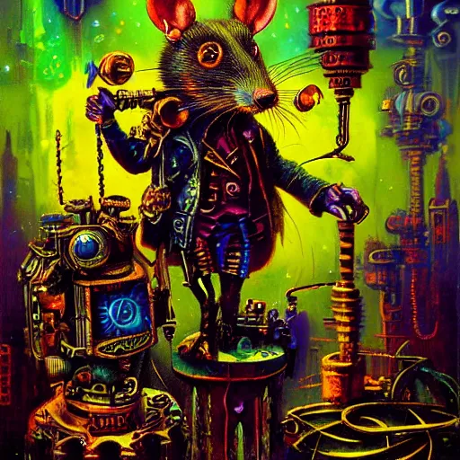 Image similar to steampunk rat, acid, 303, psychedelic, by paul lehr