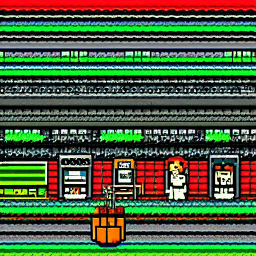 Image similar to a lazy miner, train station background, 8 - bit pixel art. cute. by studio ghibli