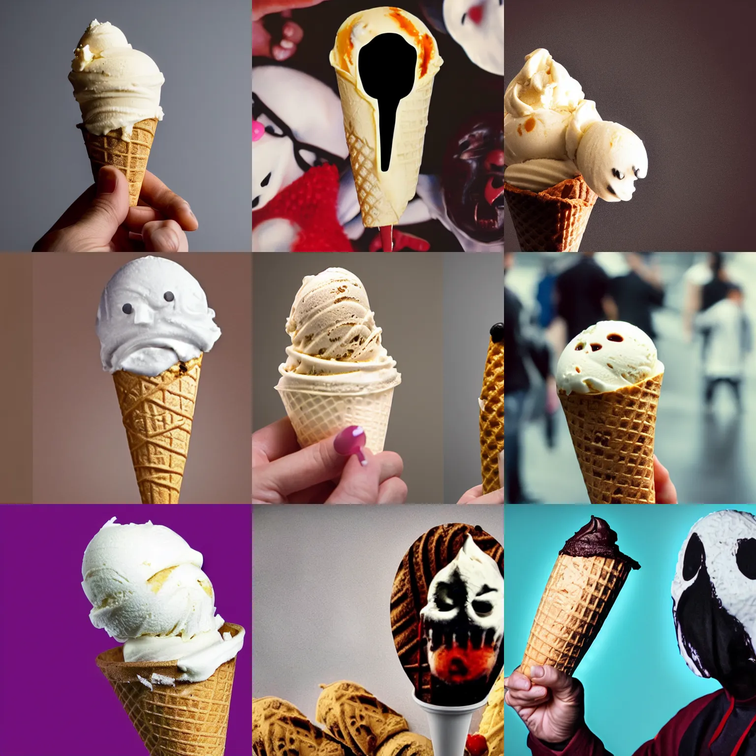 Prompt: a photo realistic image of ghostface scream film in the shape of ice cream in a cone