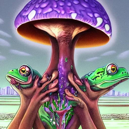Image similar to A close up portrait of a horrifying psychedelic godlike anthropomorphic frog smoking an anime blunt , magic mushroom village in background . award winning. superb resolution. in the art style of junji Ito and greg rutkowski . Detailed Mushroom city in background. Hyper realistic anime. Perfect art. Dalle2