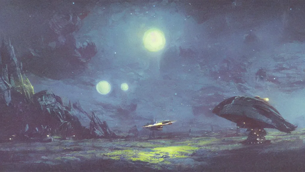 Prompt: eerie atmospheric alien planet with a small dropship pod landing by paul lehr and jack gaughan and john schoenherr, epic cinematic matte painting