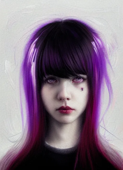 Image similar to portrait of teenage girl, red irises, bangs, black and white hair, white bangs, purple clothes, white bangs, two color hair, black hair and white bangs, intricate, elegant, glowing lights, highly detailed, digital painting, artstation, concept art, smooth, sharp focus, illustration, art by wlop, mars ravelo and greg rutkowski