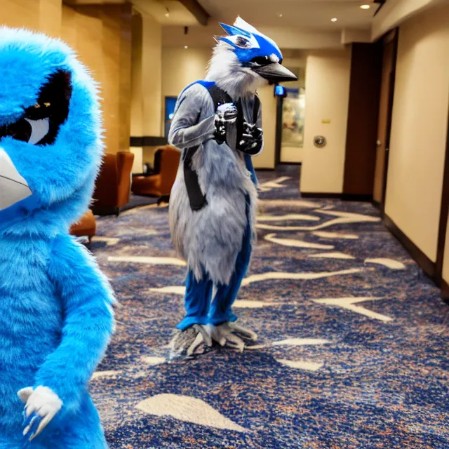 Prompt: a person wearing a fursuit of a blue jay fursona, fursona, furry convention, hotel lobby, indoors, photograph, furry fandom, photorealistic,