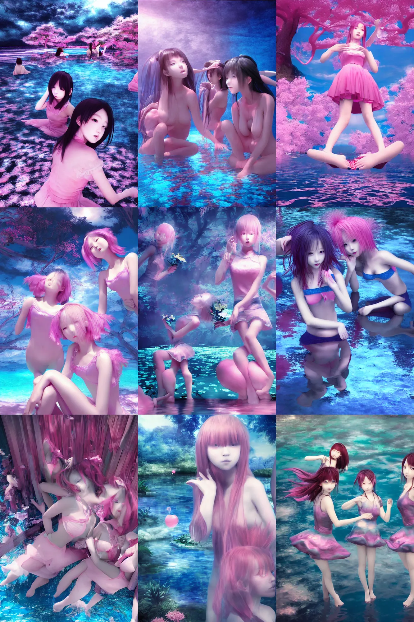 Prompt: 3d dark infrared octane render dreamcore art by D. Jun, by Mo Xiang Tong Xiu, by Igarashi Daisuke, beauty portrait anime schoolgirls under dark pink and blue water. cute face. complex mirror pool room