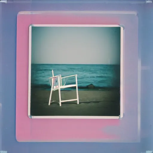 Prompt: a pastel colour high fidelity Polaroid photo from a holiday album at a seaside with abstract inflatable relaxing parachute furniture, all objects made of transparent iridescent Perspex no people, iridescence, nostalgic