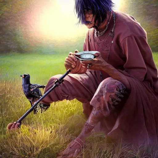 Image similar to n elderly indian don juan is sitting in a field with peyote and smoking a pipe, a raven walks next to him, by miho hirano, ross tran and ilya kuvshinov, realistic, detailed, beautiful fantasy detailed trending on artstation, oil painting, dramatic lighting, eterea, high quality print, fine art with subtle redshift rendering