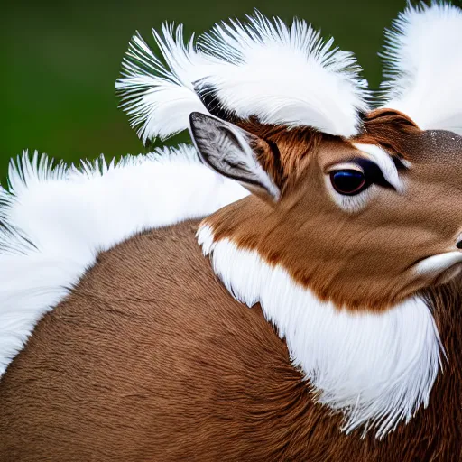 Prompt: photograph of a deer coverd in feathers, like a bird, in nature, 4K, highly detailed, photo realistic