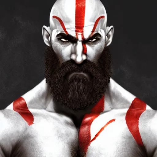 Image similar to kratos from god of war with an afro! and a giant mustache!, digital painting masterpiece, gorgeous brush strokes, advanced lighting technology, realistic face and anatomy, by shigenori soejima