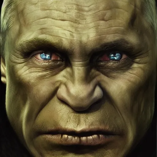 Prompt: vladimir putin, orc uruk - hai, macabre by donato giancola and greg rutkowski and wayne barlow and zdzisław beksinski, realistic face, digital art