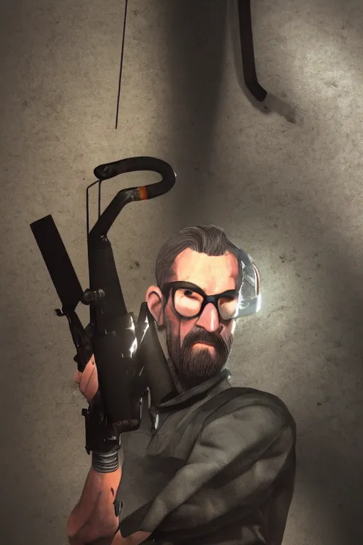 Image similar to gordon freeman from half life doing a pin up pose, dark room, cinematic, volumetric lighting, hyperdetailed photograph